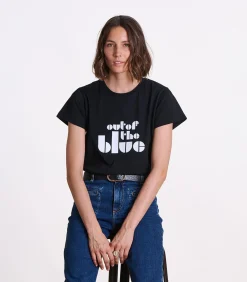 La Fée Maraboutée Losjes vallend zwart T-shirt met opschrift in biokatoen met korte mouwen black