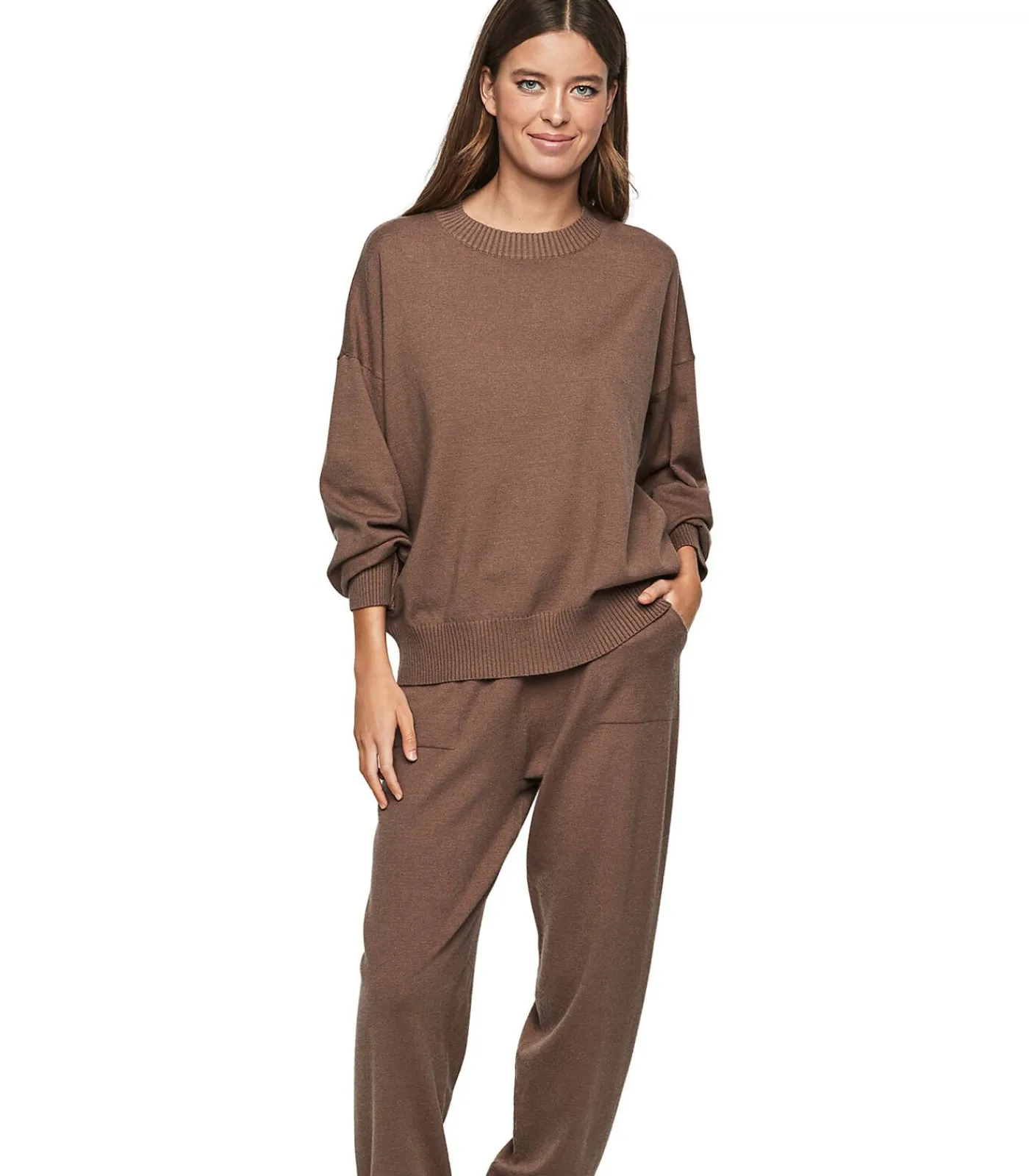 SELMARK Loungewear pyjama broek top ronde hals P108 MINIMAL brown Online