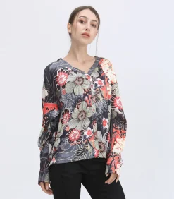 Smart & Joy Macro -bloemenprint en v -nekblouse multicolor Sale
