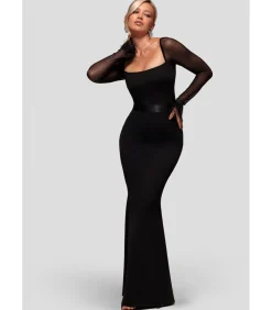 Goddiva Maxi-jurk “Dobby Mesh Feather Sleeve Evening Maxi Dress” black Online