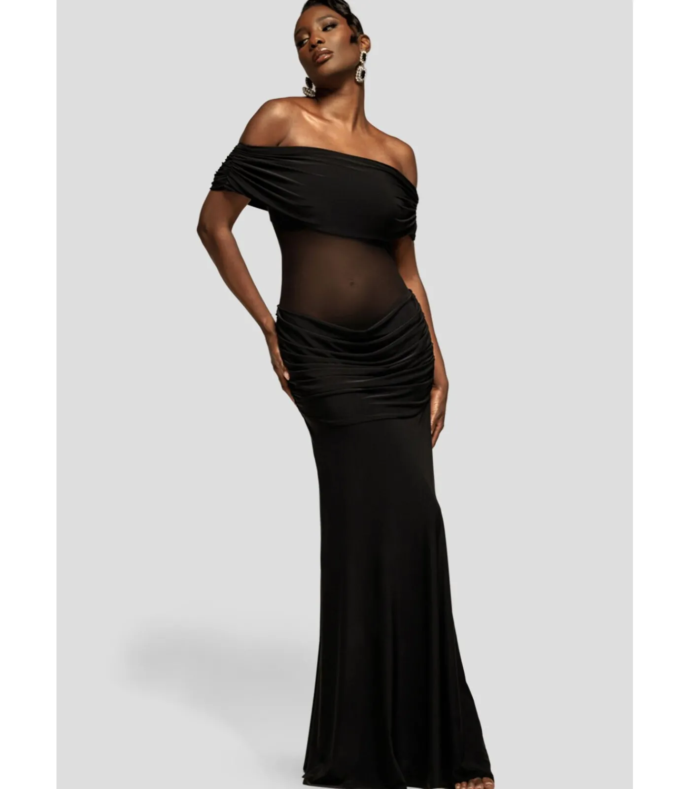 Goddiva Maxi-jurk “Gathered Off The Shoulder Mesh Waist Panel Maxi Dress” black Sale