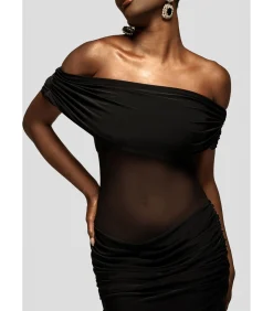 Goddiva Maxi-jurk “Gathered Off The Shoulder Mesh Waist Panel Maxi Dress” black Sale