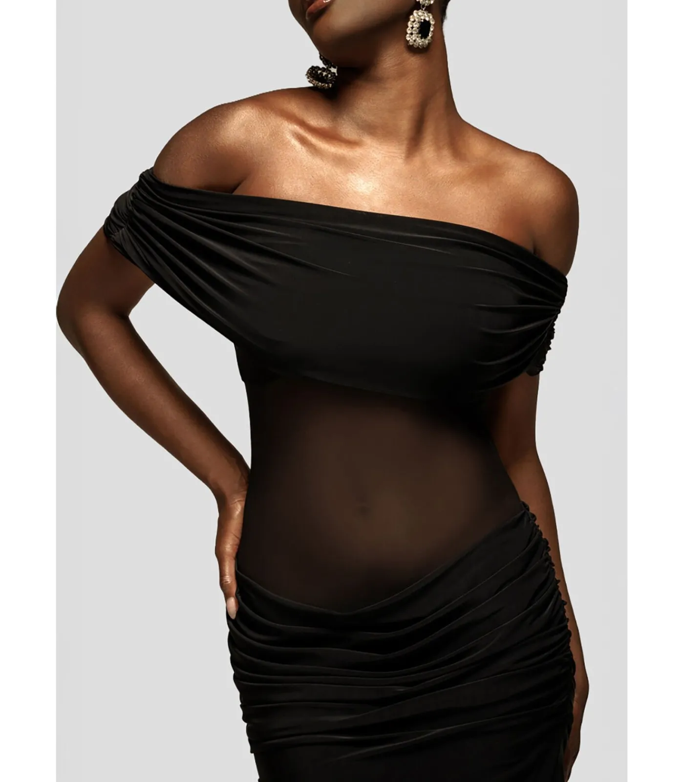 Goddiva Maxi-jurk “Gathered Off The Shoulder Mesh Waist Panel Maxi Dress” black Sale