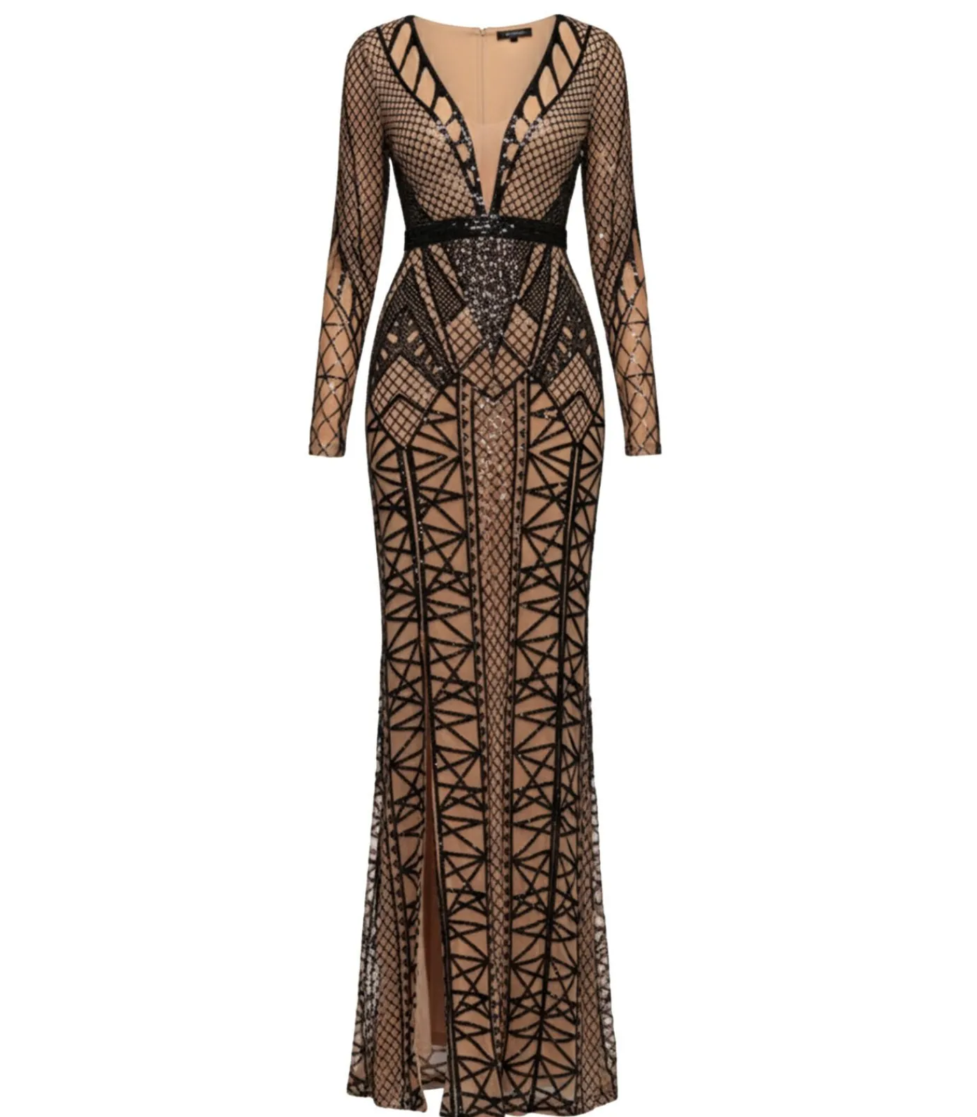 Goddiva Maxi-jurk “Geometric Sequin Plunge Maxi” black New