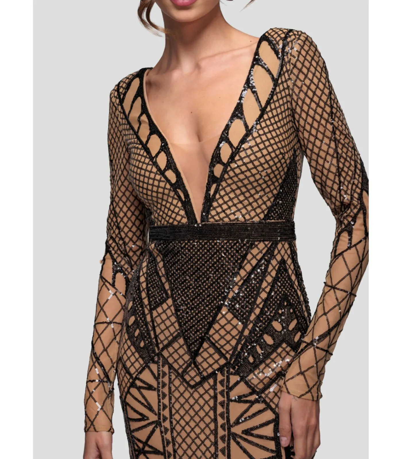 Goddiva Maxi-jurk “Geometric Sequin Plunge Maxi” black New