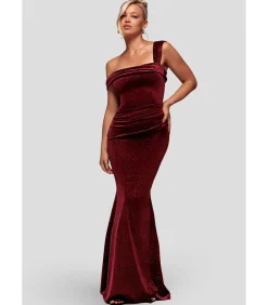 Goddiva Maxi-jurk “Glitter Polka Dot Velvet One Shoulder Maxi Dress” darkRed Hot