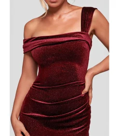 Goddiva Maxi-jurk “Glitter Polka Dot Velvet One Shoulder Maxi Dress” darkRed Hot