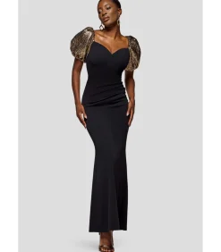 Goddiva Maxi-jurk “Jacquard Puff Sleeve Sweetheart Scuba Maxi Dress” black Outlet