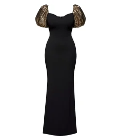 Goddiva Maxi-jurk “Jacquard Puff Sleeve Sweetheart Scuba Maxi Dress” black Outlet