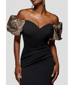 Goddiva Maxi-jurk “Jacquard Puff Sleeve Sweetheart Scuba Maxi Dress” black Outlet