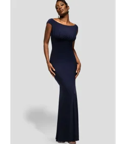Goddiva Maxi-jurk “Open Back Cowl Neck Gathered Maxi Dress With Velvet Tie Back” darkBlue Sale