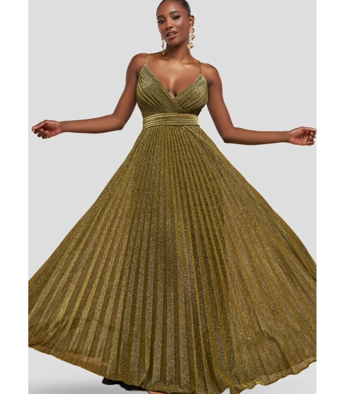 Goddiva Maxi-jurk “Sleeveless Pleated A Line Lurex Maxi Dress” gold