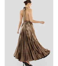 Goddiva Maxi-jurk “Sunrise Foil Halterneck A Line Maxi Dress” bronze