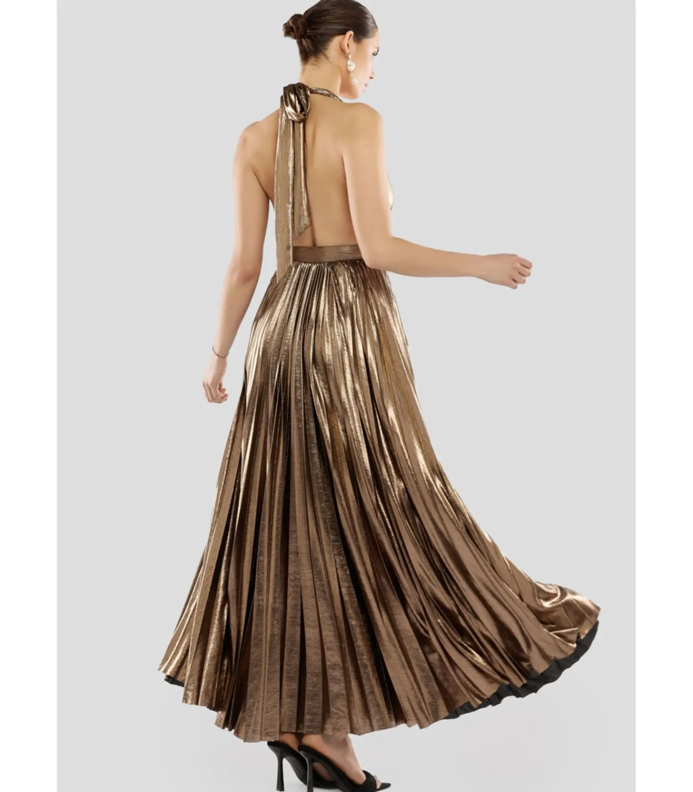 Goddiva Maxi-jurk “Sunrise Foil Halterneck A Line Maxi Dress” bronze