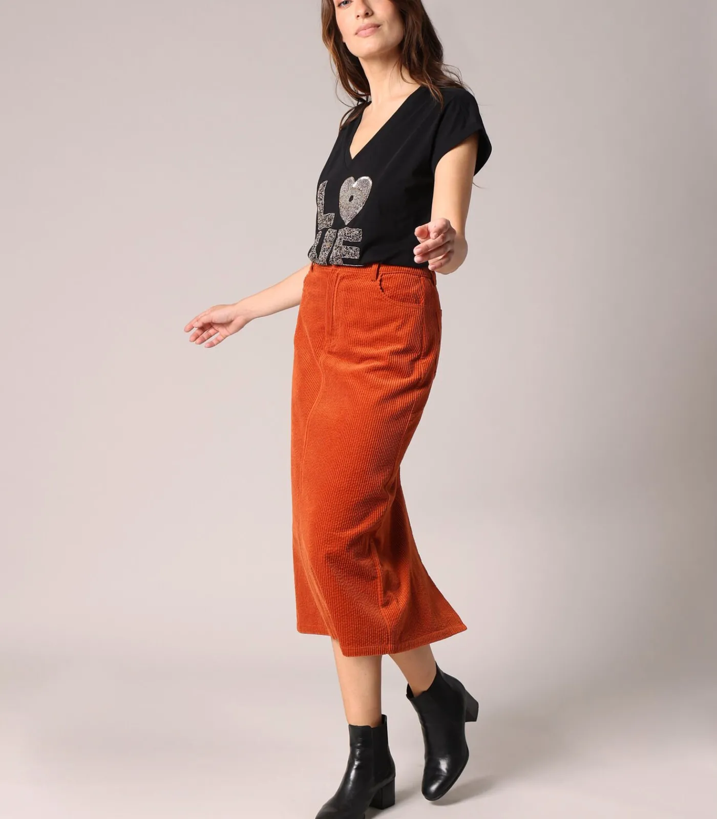 Deeluxe MELOANE - Lange rok van 100% katoenen corduroy met split aan de achterkant red Sale