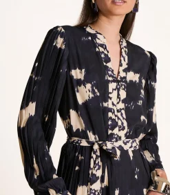 La Fée Maraboutée Midi geplooide jurk blauw en beige met lange mouwen en print navyBlue Best