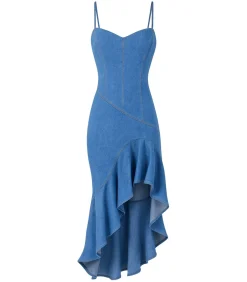 Goddiva Midi-jurk “Denim Asymmetric Frill Maxi Dress” blueJeans
