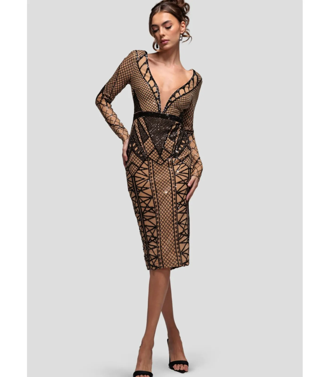 Goddiva Midi-jurk “Geometric Sequin Plunge Midi” black Outlet