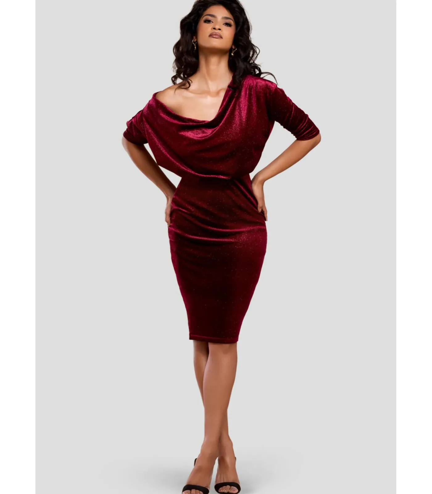Goddiva Midi-jurk “Glitter Velvet Cowl Neck Sheath Midi Dress” darkRed Online