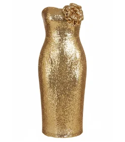 Goddiva Midi-jurk “Liquid Sequin Boobtube Midaxi With Corsage” gold New