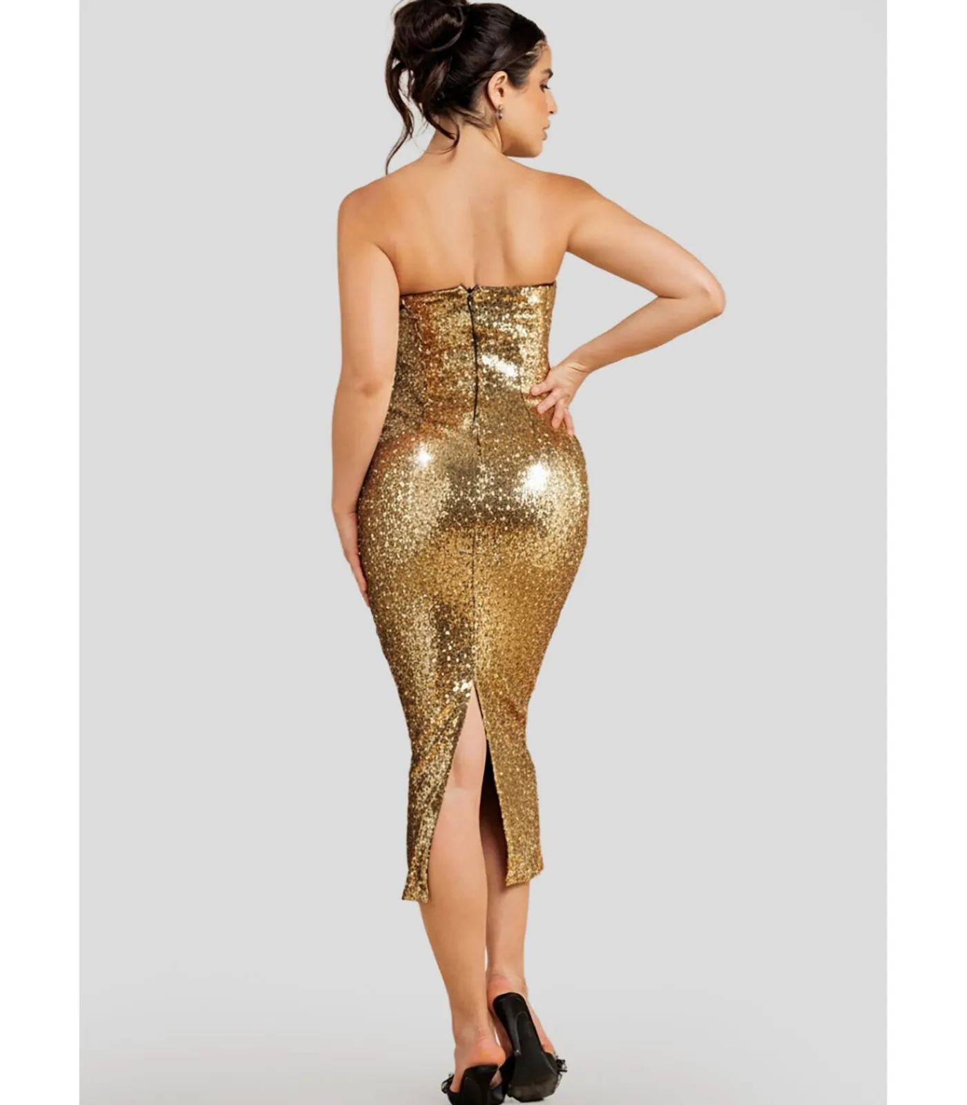Goddiva Midi-jurk “Liquid Sequin Boobtube Midaxi With Corsage” gold New