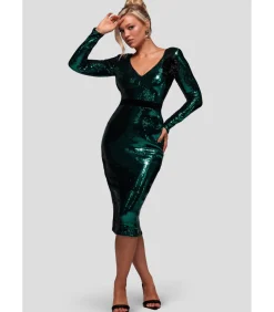 Goddiva Midi-jurk “Liquid Sequin Midi With Corsage” oliveGreen Best