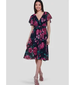 Goddiva Midi-jurk “Printed Lurex A Line Flutter Sleeve Midi Dress” black Online