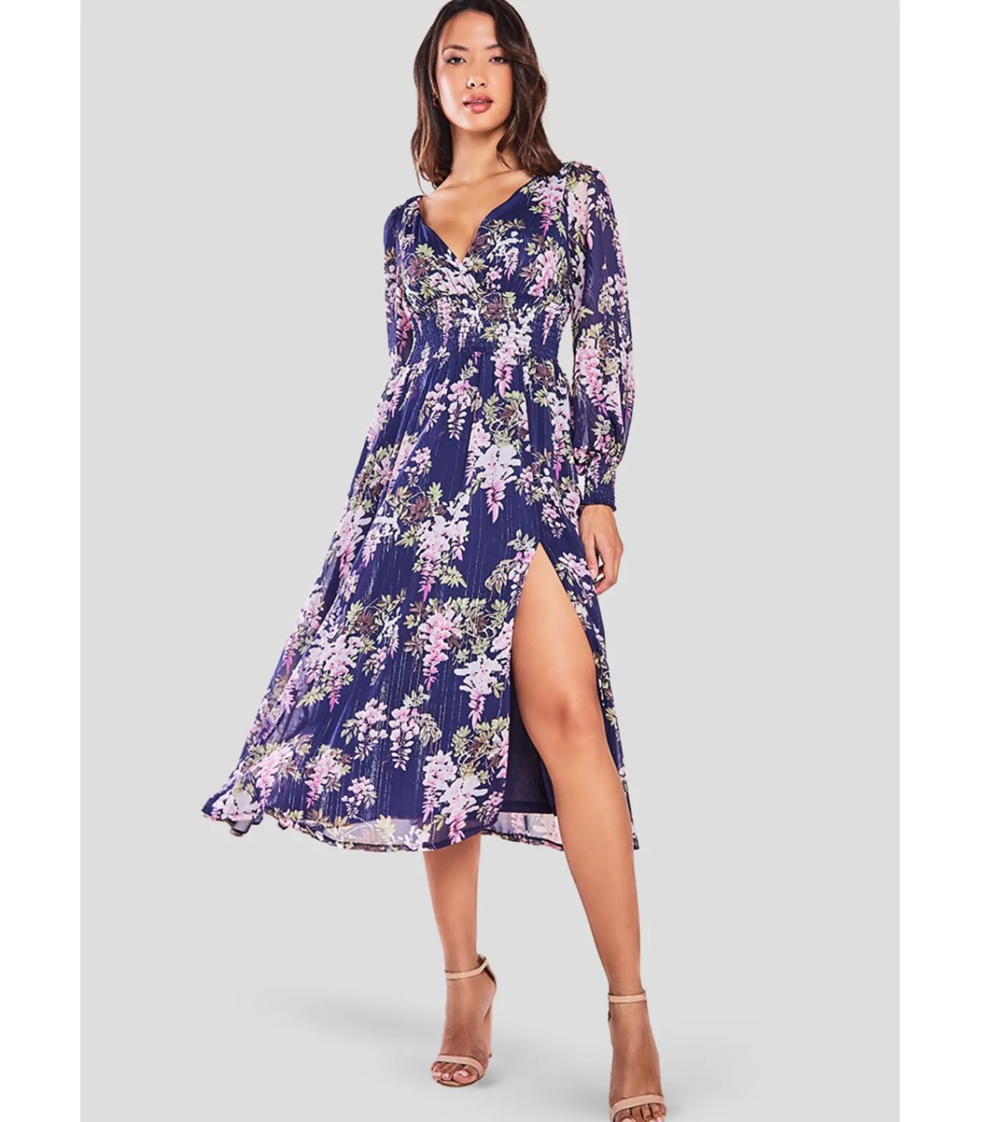 Goddiva Midi-jurk “Printed Lurex Chiffon Long Sleeve Midi Dress” darkBlue