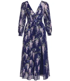 Goddiva Midi-jurk “Printed Lurex Chiffon Long Sleeve Midi Dress” darkBlue