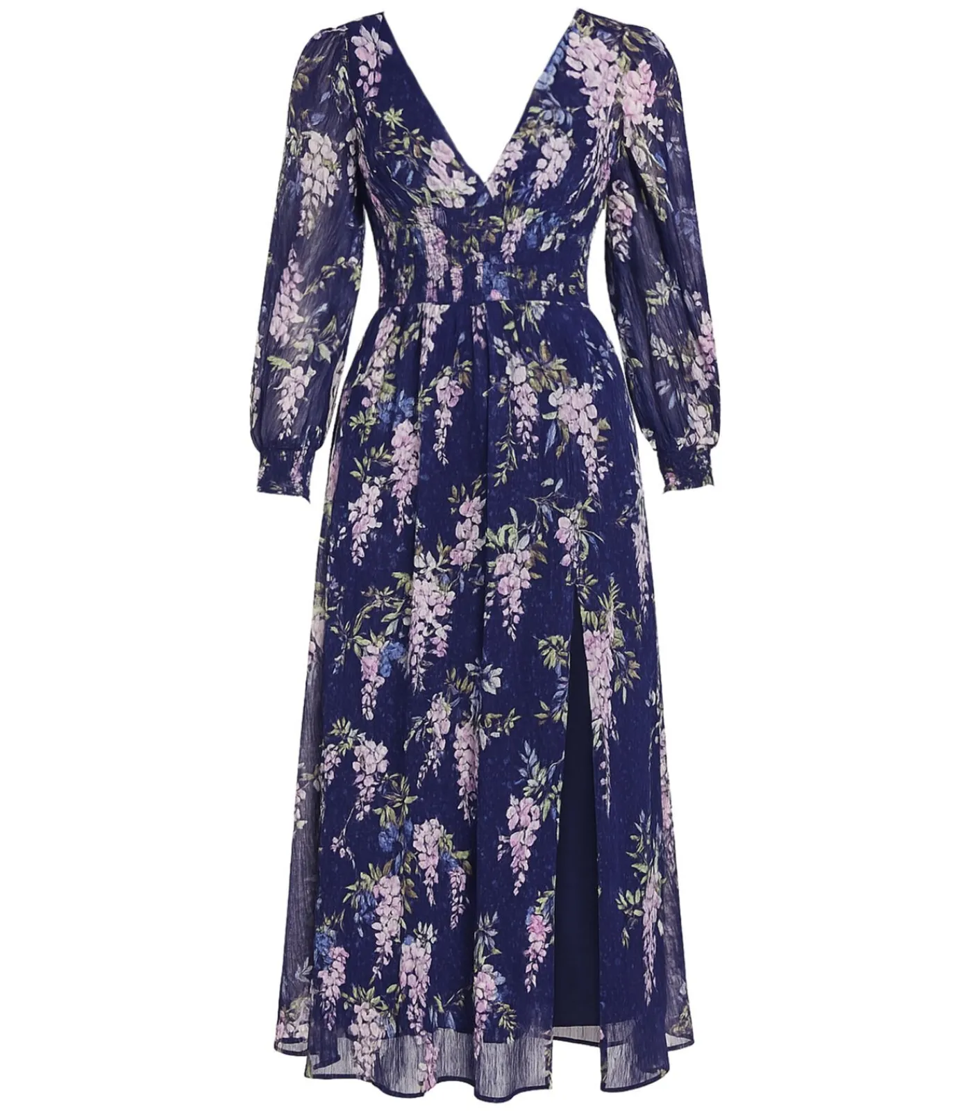 Goddiva Midi-jurk “Printed Lurex Chiffon Long Sleeve Midi Dress” darkBlue