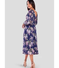 Goddiva Midi-jurk “Printed Lurex Chiffon Long Sleeve Midi Dress” darkBlue
