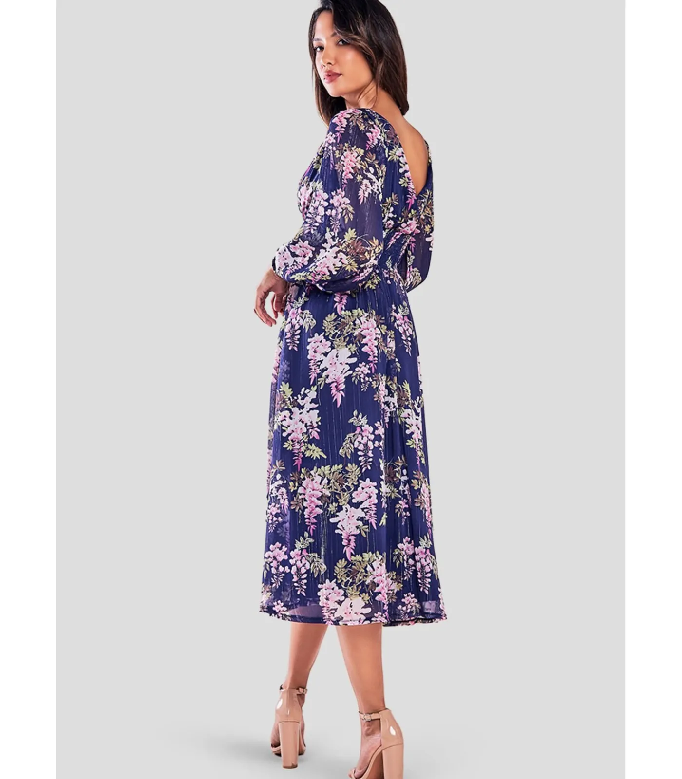 Goddiva Midi-jurk “Printed Lurex Chiffon Long Sleeve Midi Dress” darkBlue