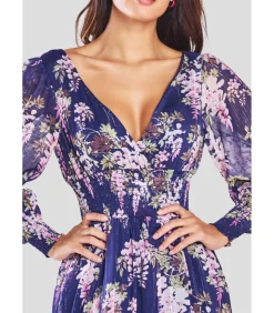 Goddiva Midi-jurk “Printed Lurex Chiffon Long Sleeve Midi Dress” darkBlue