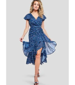 Goddiva Midi-jurk “Printed Wrap High And Low Midaxi Dress” darkBlue Sale