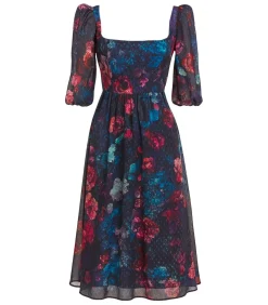 Goddiva Midi-jurk “Puff Sleeve Shirred Back Midi Dress” black Clearance