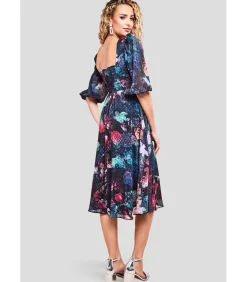 Goddiva Midi-jurk “Puff Sleeve Shirred Back Midi Dress” black Clearance