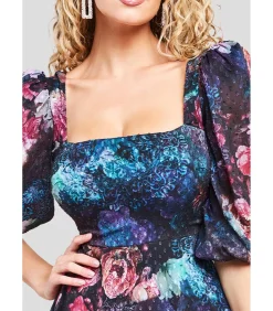 Goddiva Midi-jurk “Puff Sleeve Shirred Back Midi Dress” black Clearance