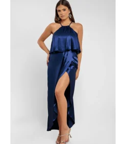 Goddiva Midi-jurk “Satin Viscose Front Wrap Midaxi Dress” darkBlue Clearance