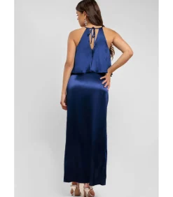 Goddiva Midi-jurk “Satin Viscose Front Wrap Midaxi Dress” darkBlue Clearance