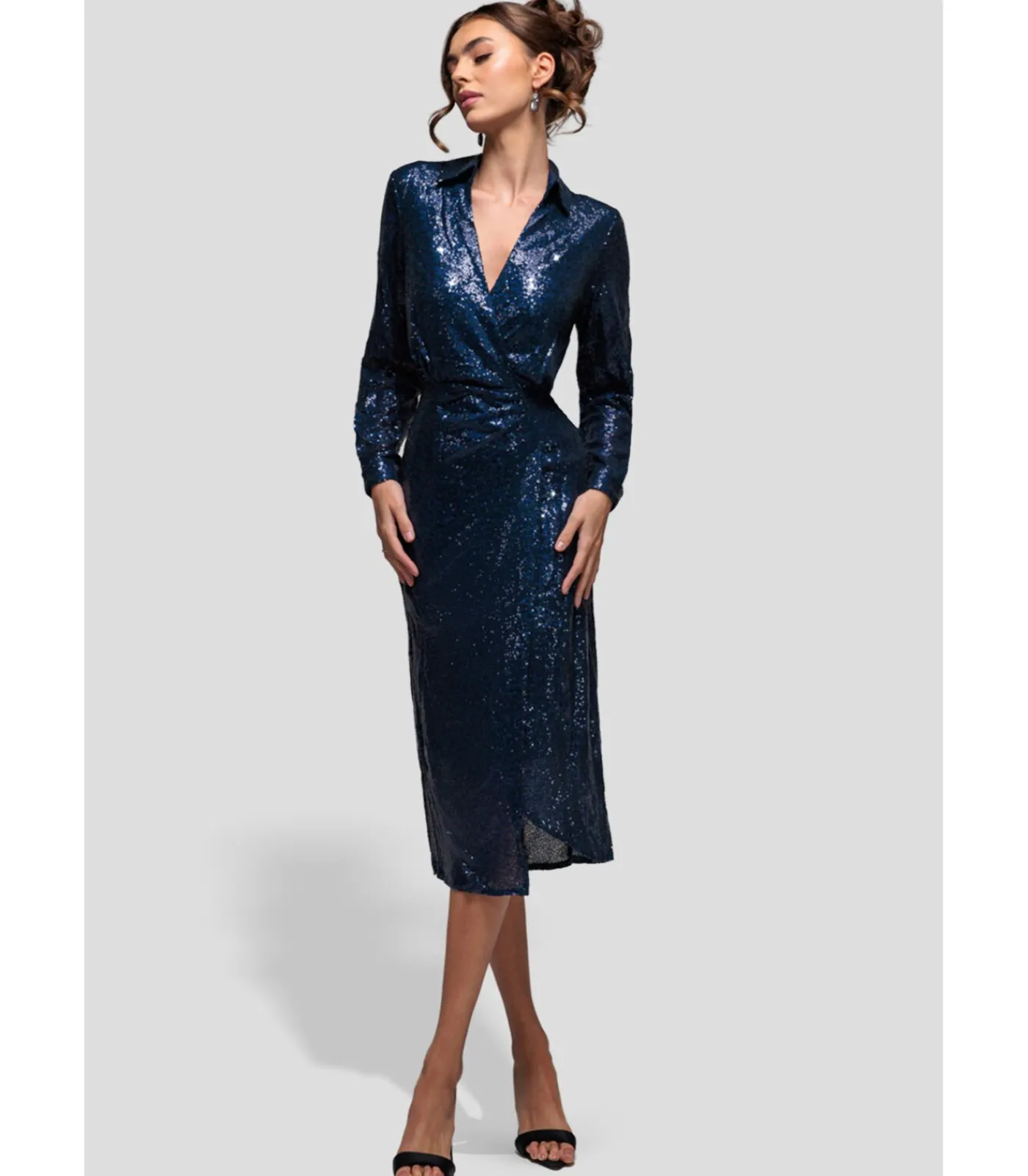 Goddiva Midi-jurk “Sequin Front Split Shirt Dress” darkBlue Discount