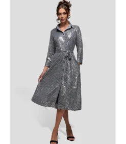 Goddiva Midi-jurk “Sequin Skater Shirt Dress” silver Outlet
