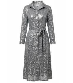 Goddiva Midi-jurk “Sequin Skater Shirt Dress” silver Outlet