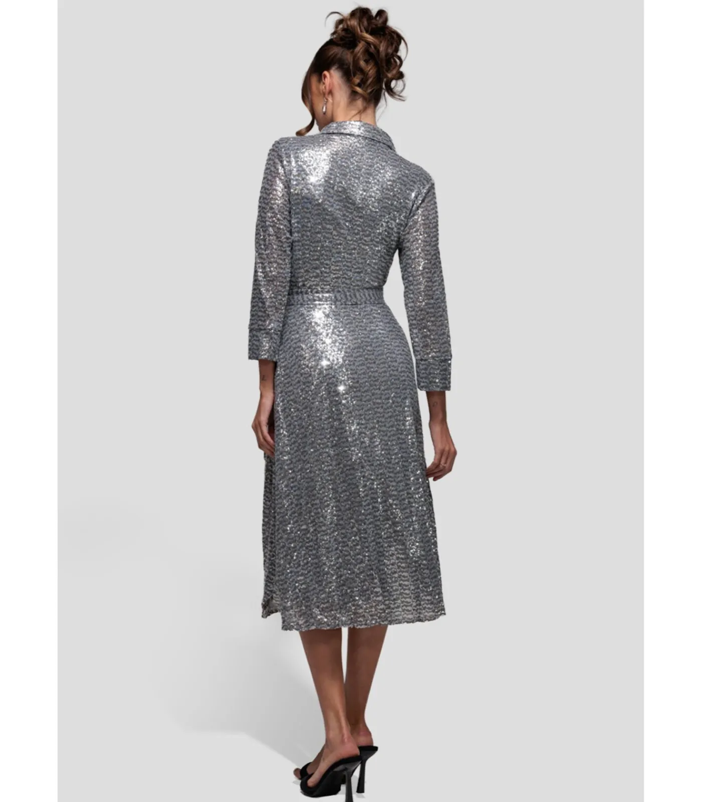 Goddiva Midi-jurk “Sequin Skater Shirt Dress” silver Outlet