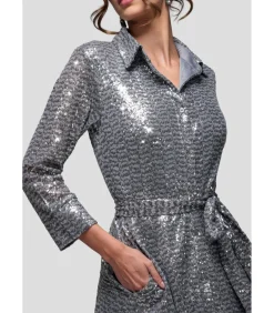 Goddiva Midi-jurk “Sequin Skater Shirt Dress” silver Outlet