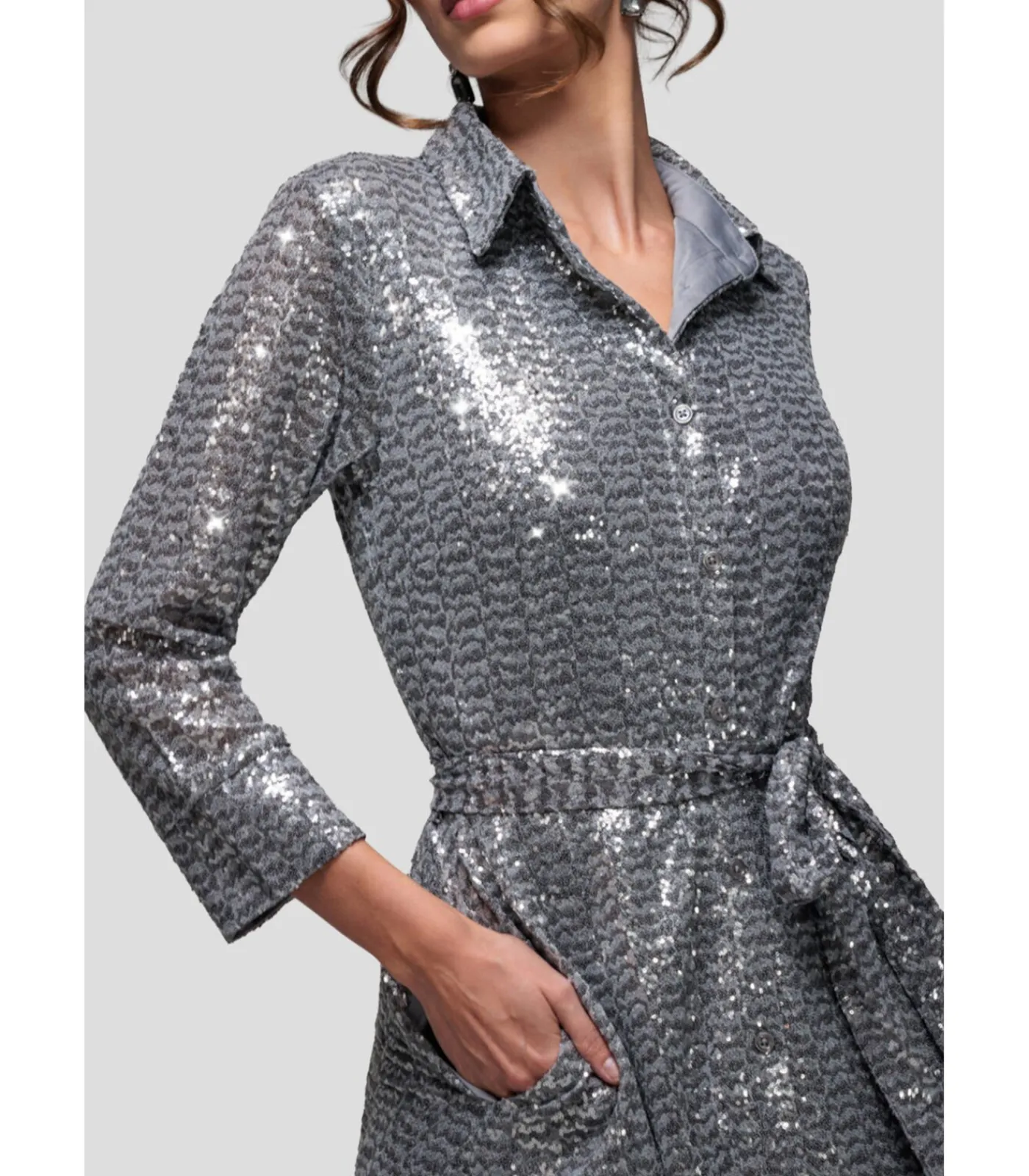 Goddiva Midi-jurk “Sequin Skater Shirt Dress” silver Outlet