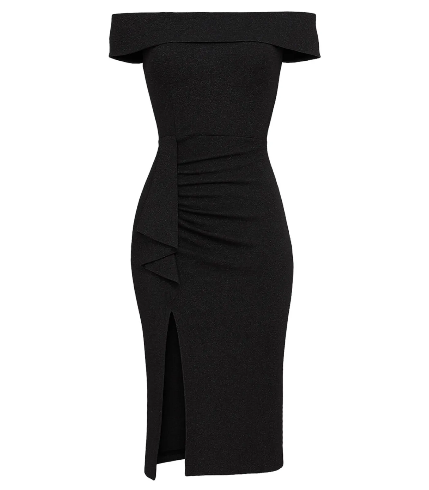 Goddiva Midi-jurk “Sparkling Bardot Midi With Waterfall Ruffle” black Clearance