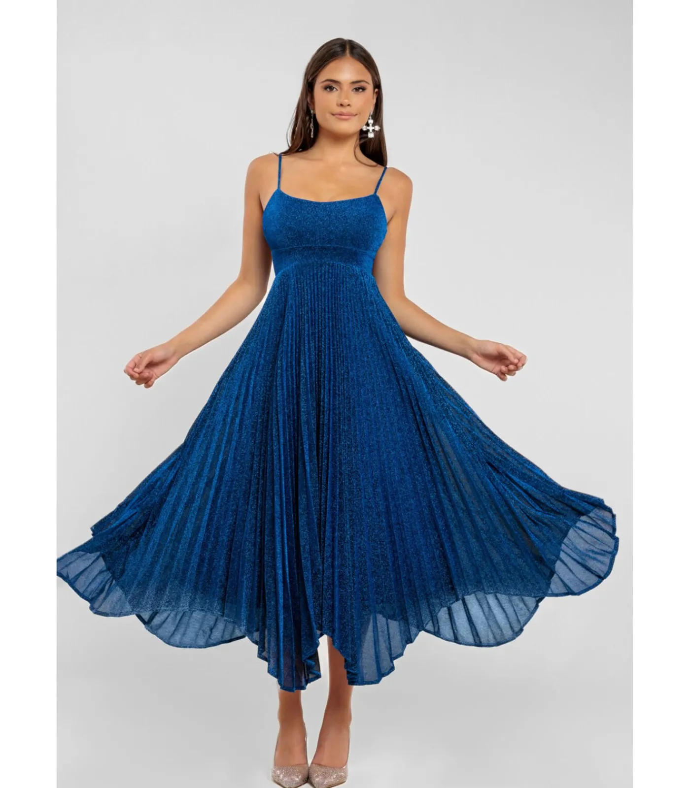 Goddiva Midi-jurk “Tie Back Pleated Lurex Skater Midi Dress” blue Discount