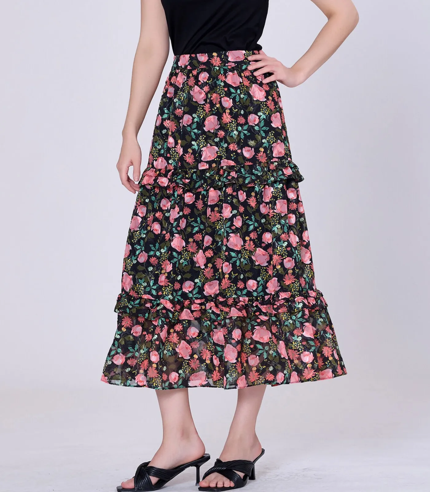 Smart & Joy Midi-rok met bloemenprint en gelaagde ruches black New
