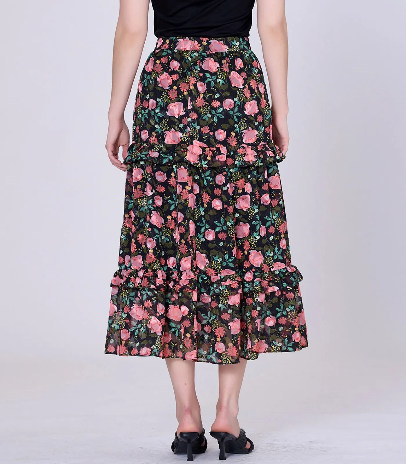 Smart & Joy Midi-rok met bloemenprint en gelaagde ruches black New