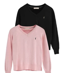 Polo Club Pack van twee damestruien van wolmix in zwart en gemêleerd roze met V-hals en geborduurd Rigby Go-logo multicolor Clearance